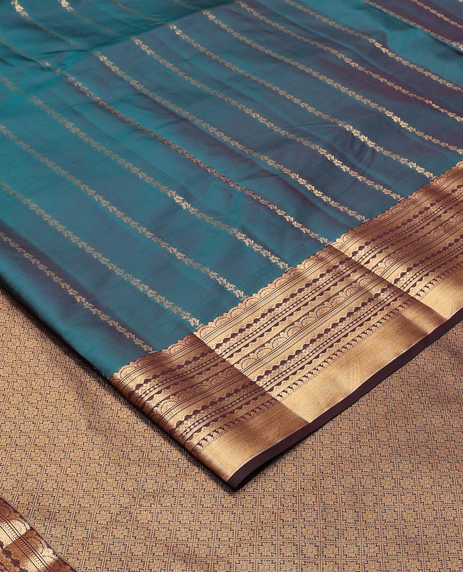 Blue zari stripes Vasundhara silk mix saree, contrast traditional scallop zari border, and jaal pallu