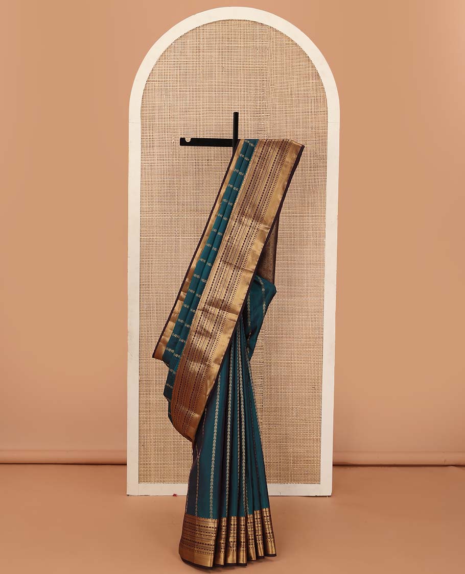 Blue zari stripes Vasundhara silk mix saree, contrast traditional scallop zari border, and jaal pallu