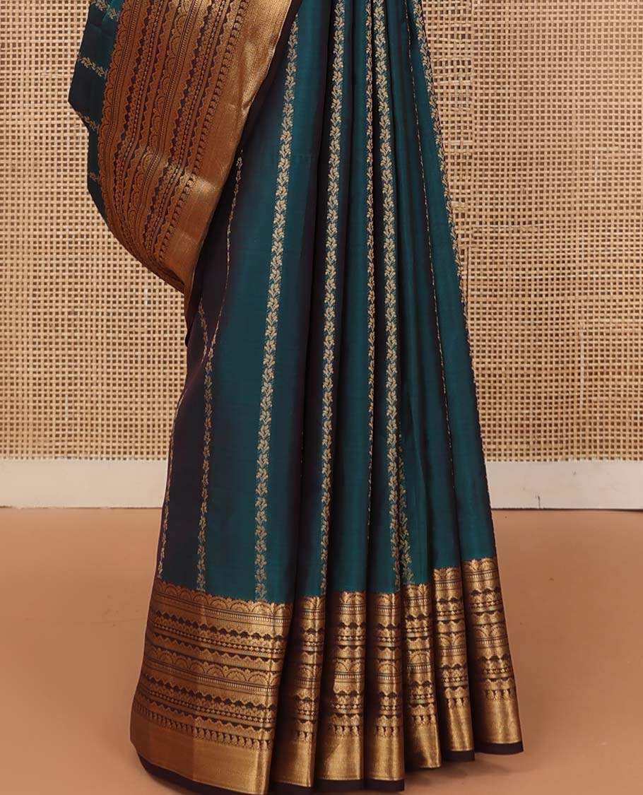 Blue zari stripes Vasundhara silk mix saree, contrast traditional scallop zari border, and jaal pallu