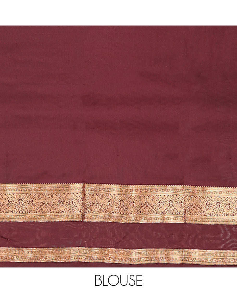 Rust Orange Vasundhara Lite-Silk Mix Saree Showcasing Mayil Buttas, Complemented with a Contrast Rettai Pettu Border Featuring Muthu, Diamond, and Mayil Designs, Adorned with Jaal Pallu, and a Contrast Blouse