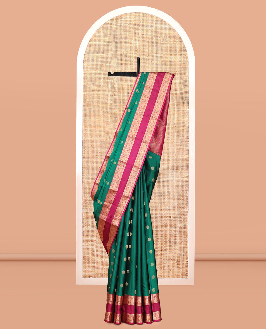 Yellow Vasundhara Lite Silk Mix Saree, Embellished with Chakram Buttas, a Contrast Rettai Pettu Border of Rekku, Neli, and Chakram Designs, Traditional Pallu, and a Contrast Blouse