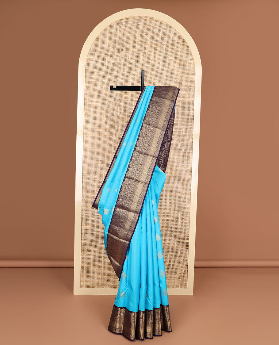 Light blue leaf buttas silk saree with contrast intricate zari design border & floral ogee design pallu
