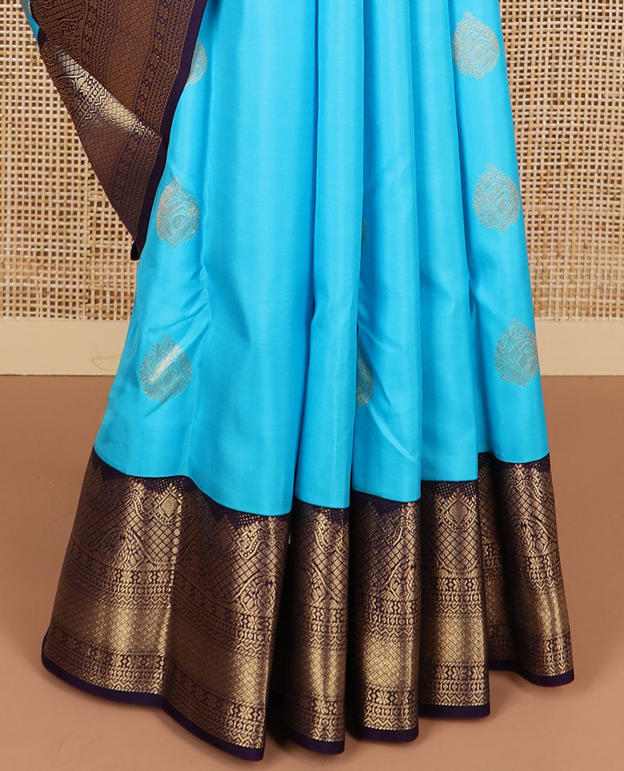 Light blue leaf buttas silk saree with contrast intricate zari design border & floral ogee design pallu