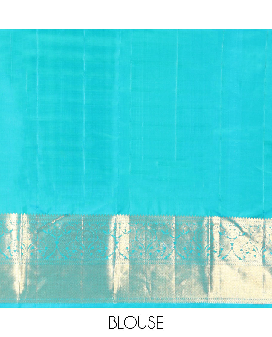 Blue Vasundhara Silk Saree, Gleamed Up with Muthu, and Neli Stripes, Complemented by a Zari Border of Thilakam, Kathir, Mayil, and Jaal Designs, Pallu Depicting Diagonal Stripes, and Paired with a Matching Blouse