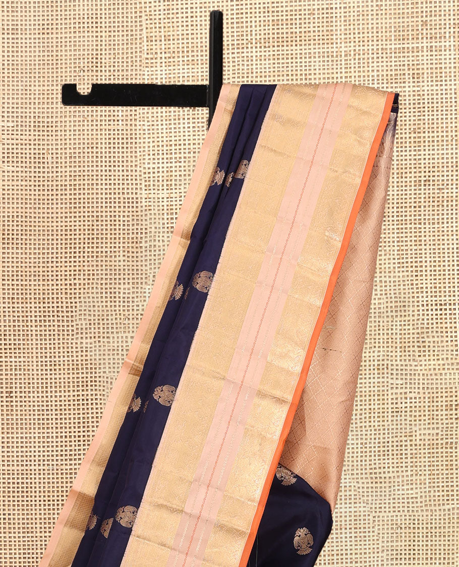 Blue Vasundhara Silk Saree, Woven with Iruthalai Pakshi Buttas, a Contrast Border of Yaali Designs, a Subtly Sparkled Jaal Pallu, and a Contrast Blouse