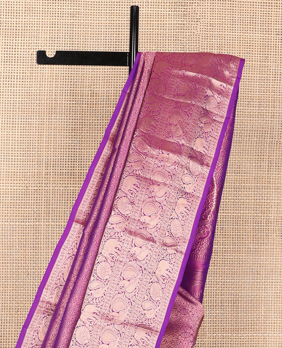Purple jacquard wedding silk saree, zari border of thilakam mokku,muthu,kodi visiry,yaanai & mayil designs & intricate pallu