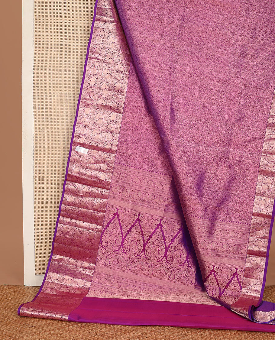 Purple jacquard wedding silk saree, zari border of thilakam mokku,muthu,kodi visiry,yaanai & mayil designs & intricate pallu