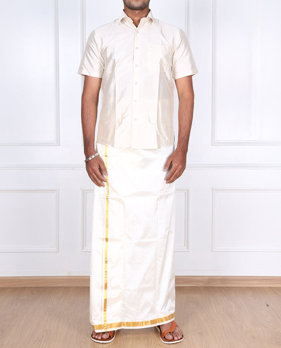 Cream pure silk kancheepuram wedding double-layer dhoti with thin chevron design zari border