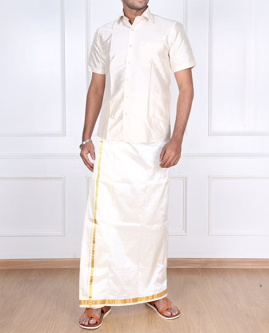 Cream pure silk kancheepuram wedding double-layer dhoti with thin chevron design zari border