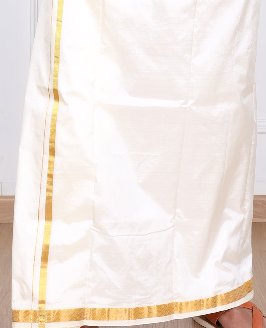 Cream pure silk kancheepuram wedding double-layer dhoti with thin chevron design zari border