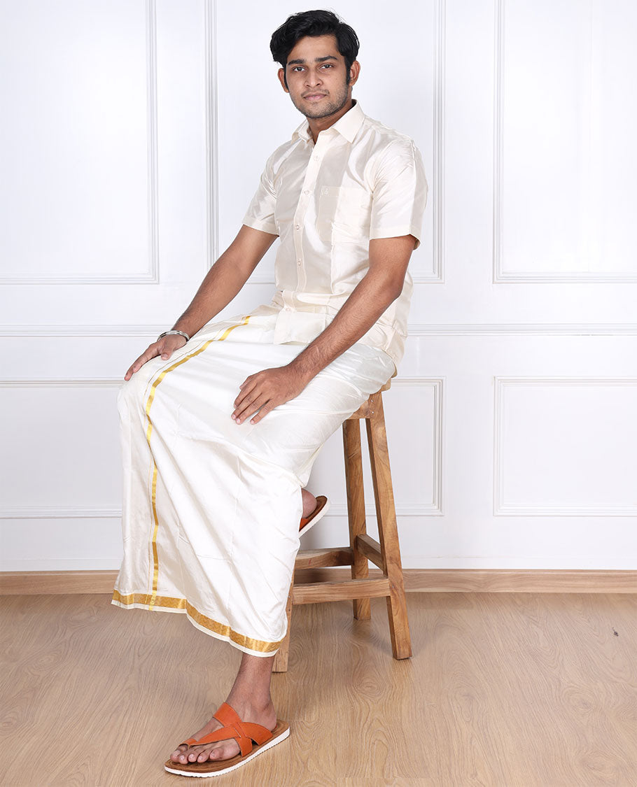 Cream pure silk kancheepuram wedding double-layer dhoti with thin chevron design zari border