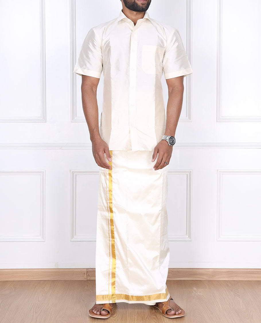 Cream diamond zari border pure silk kancheepuram wedding double-layer dhoti