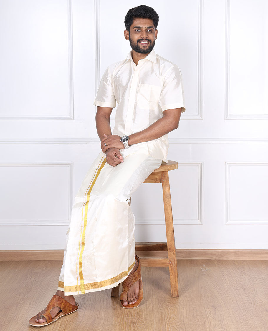 Cream diamond zari border pure silk kancheepuram wedding double-layer dhoti