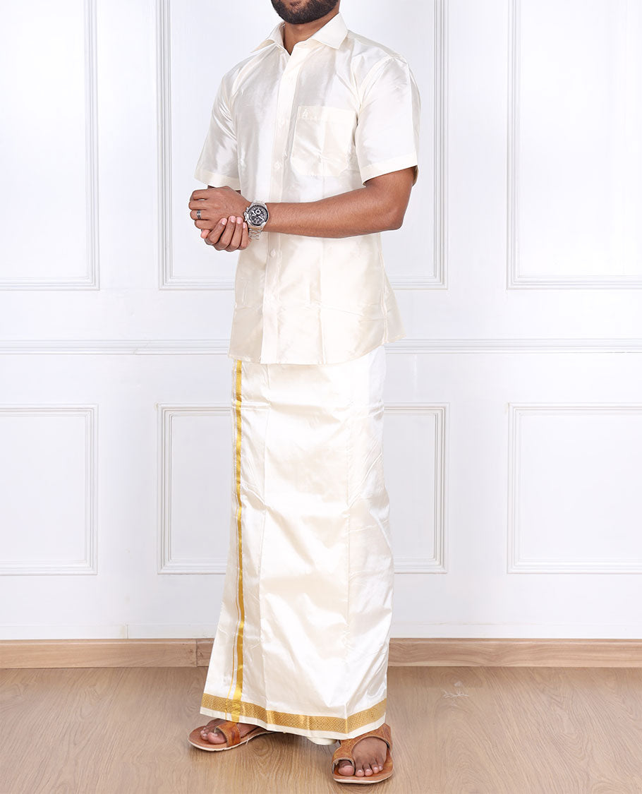 Cream diamond zari border pure silk kancheepuram wedding double-layer dhoti