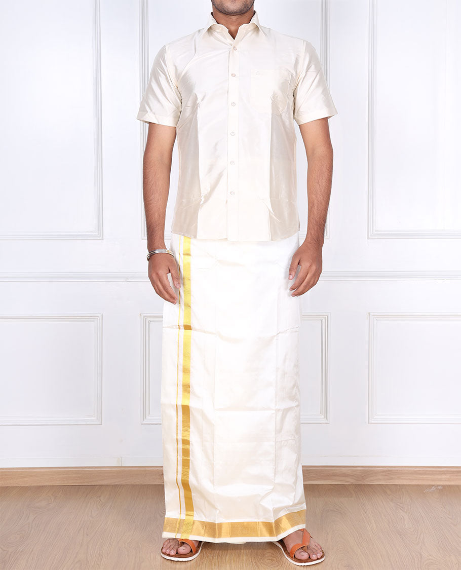 Cream pure silk kancheepuram wedding double-layer dhoti with traditional kuyil kann zari border
