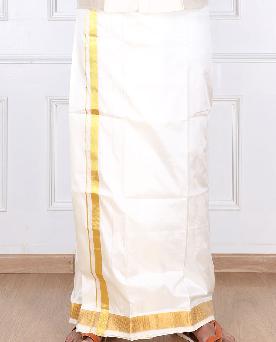 Cream pure silk kancheepuram wedding double-layer dhoti with traditional kuyil kann zari border