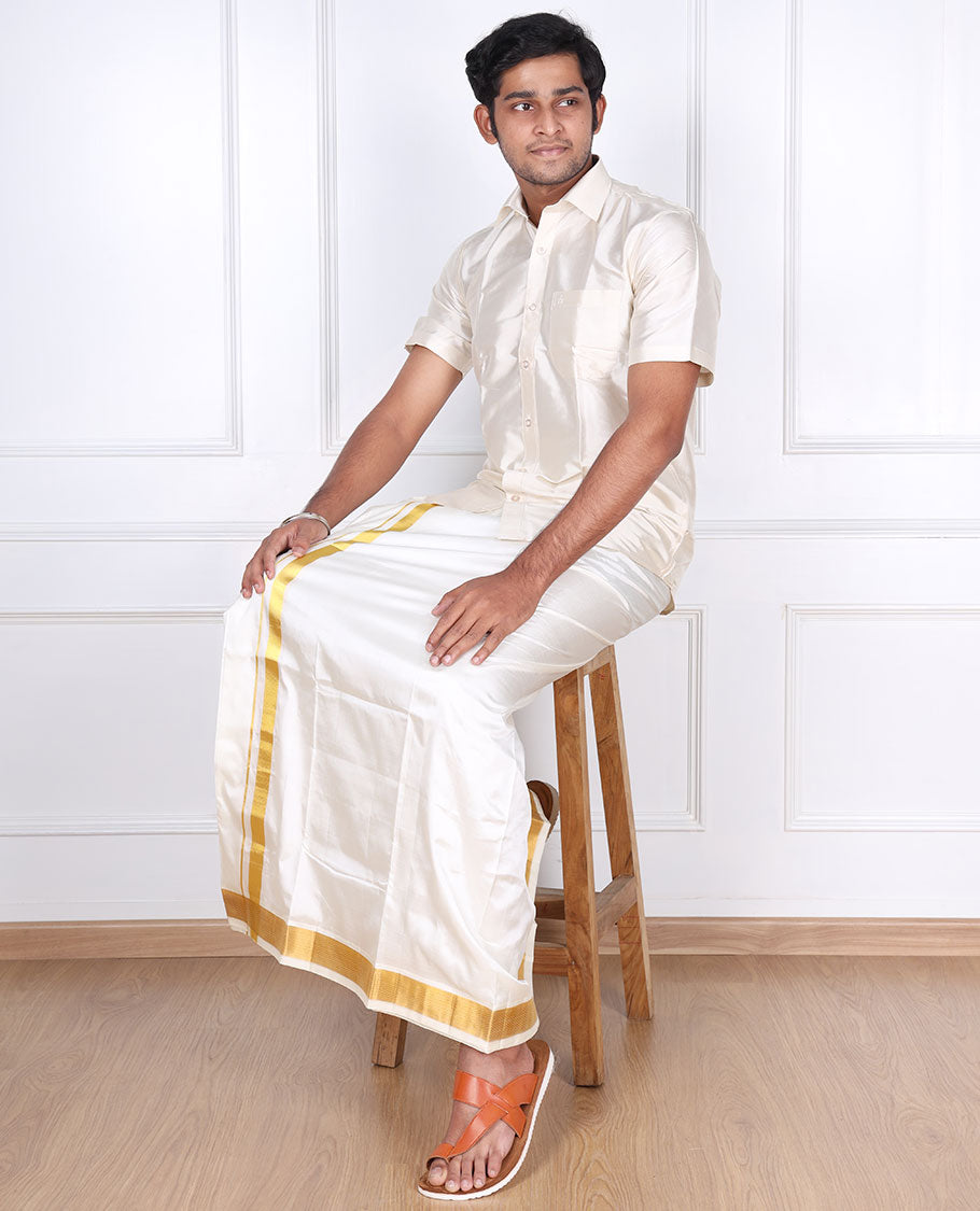 Cream pure silk kancheepuram wedding double-layer dhoti with traditional kuyil kann zari border