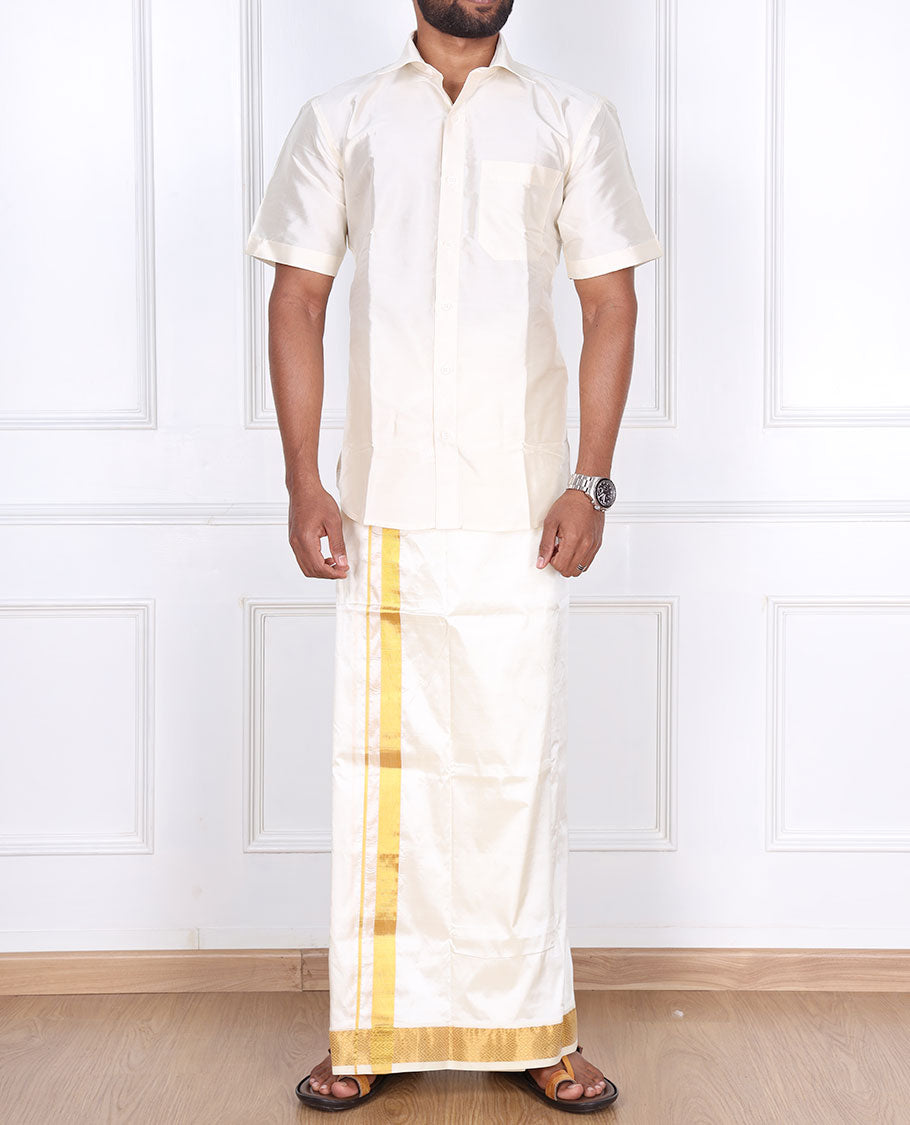 Cream pure silk kancheepuram wedding double-layer dhoti with diamond design zari border
