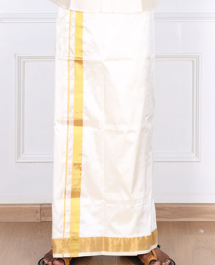 Cream pure silk kancheepuram wedding double-layer dhoti with diamond design zari border