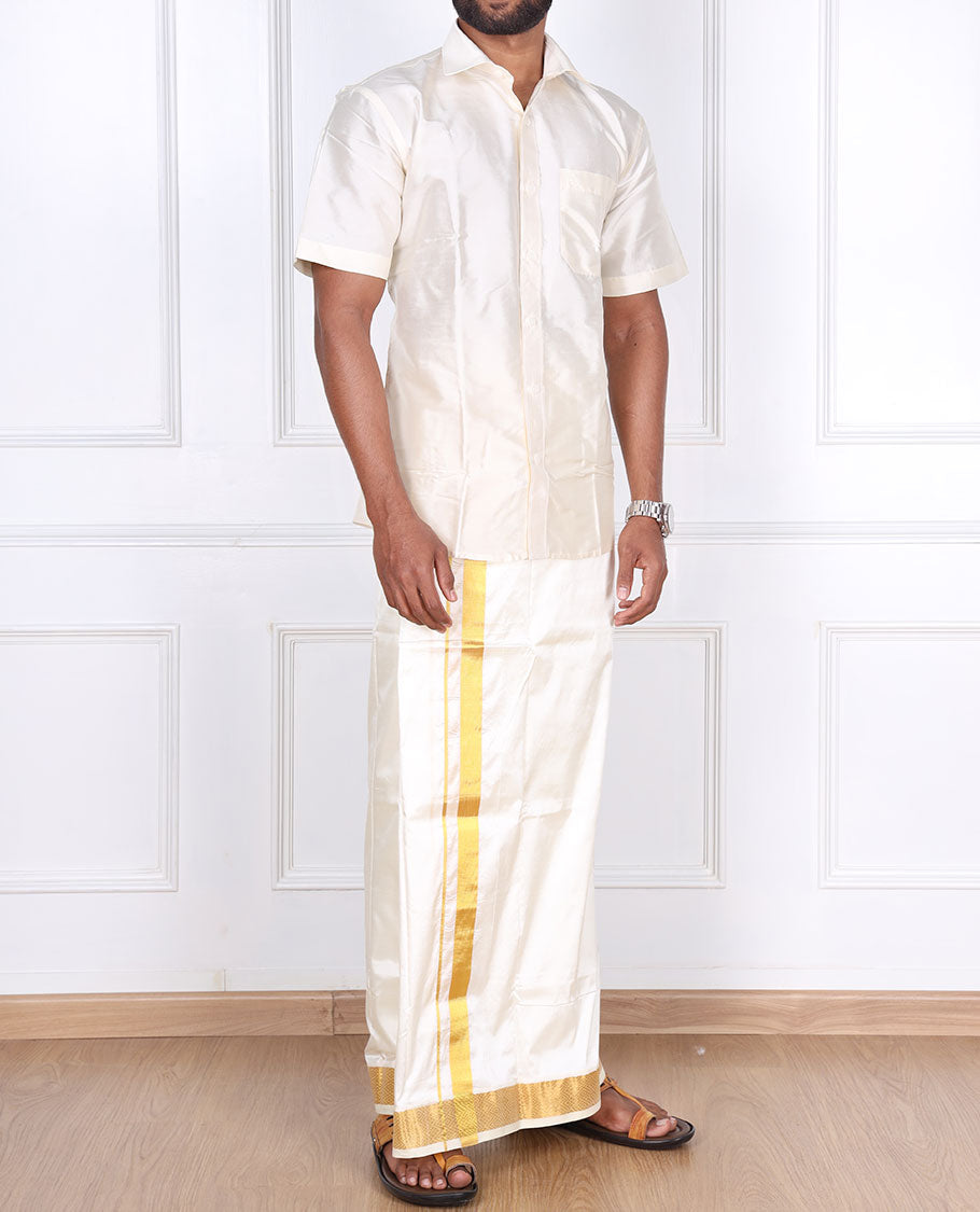 Cream pure silk kancheepuram wedding double-layer dhoti with diamond design zari border