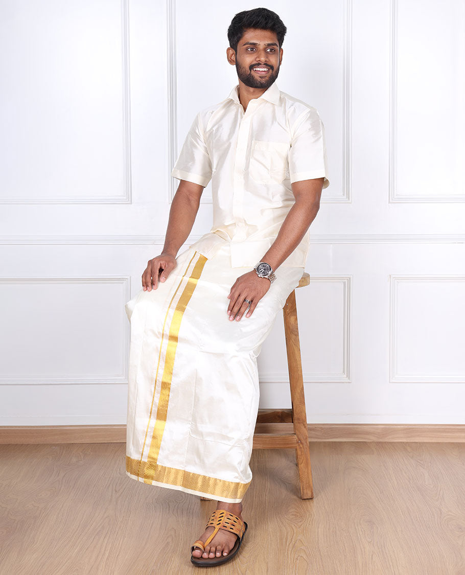 Cream pure silk kancheepuram wedding double-layer dhoti with diamond design zari border