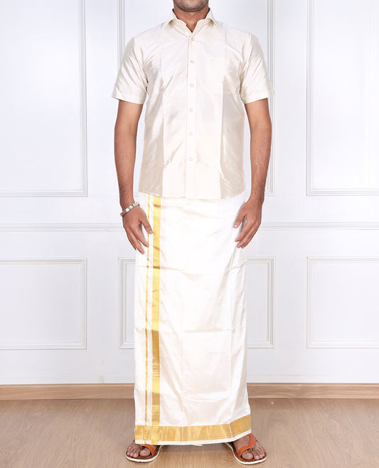 Cream pure silk kancheepuram wedding double-layer dhoti with traditional zari border
