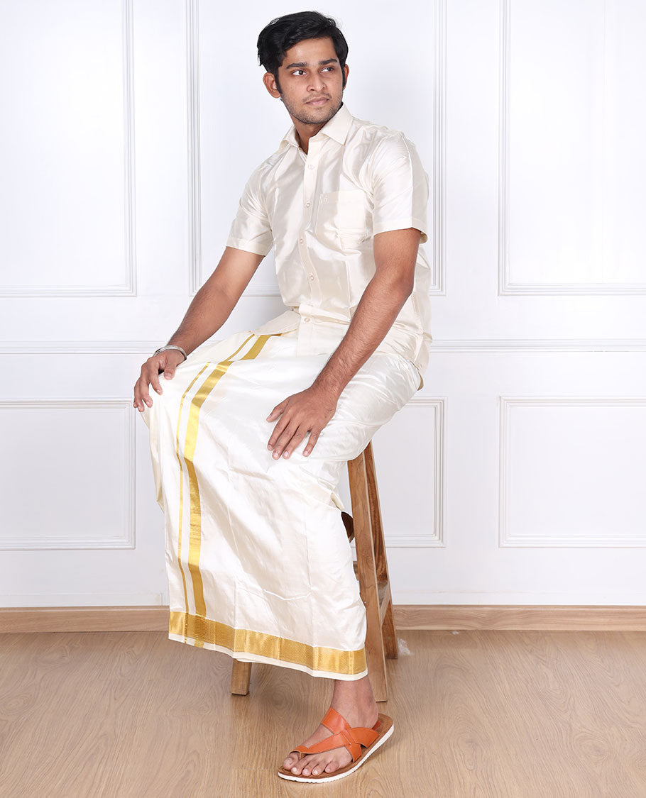 Cream pure silk kancheepuram wedding double-layer dhoti with traditional zari border