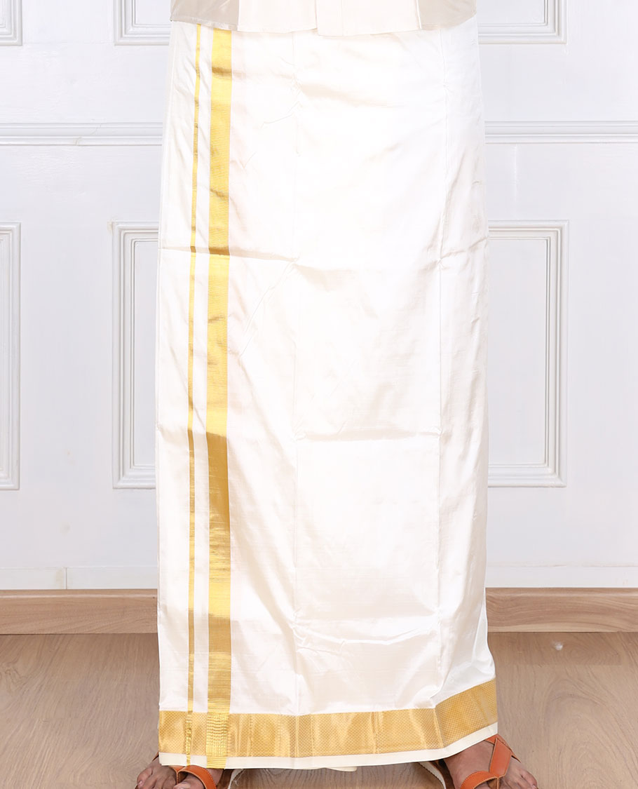 Cream pure silk kancheepuram wedding double-layer dhoti with traditional zari border