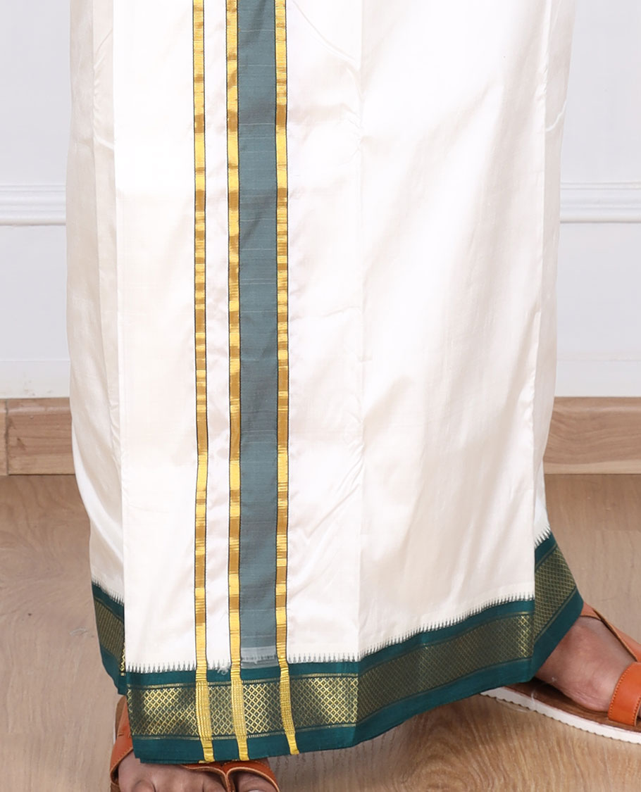 Cream pure silk kancheepuram wedding double-layer dhoti & angavastram with contrast green traditional zari border