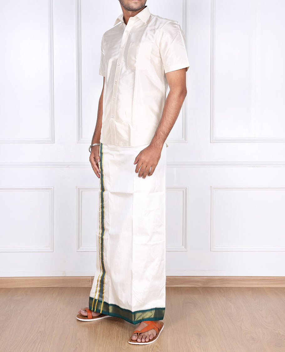 Cream pure silk kancheepuram wedding double-layer dhoti & angavastram with contrast green traditional zari border