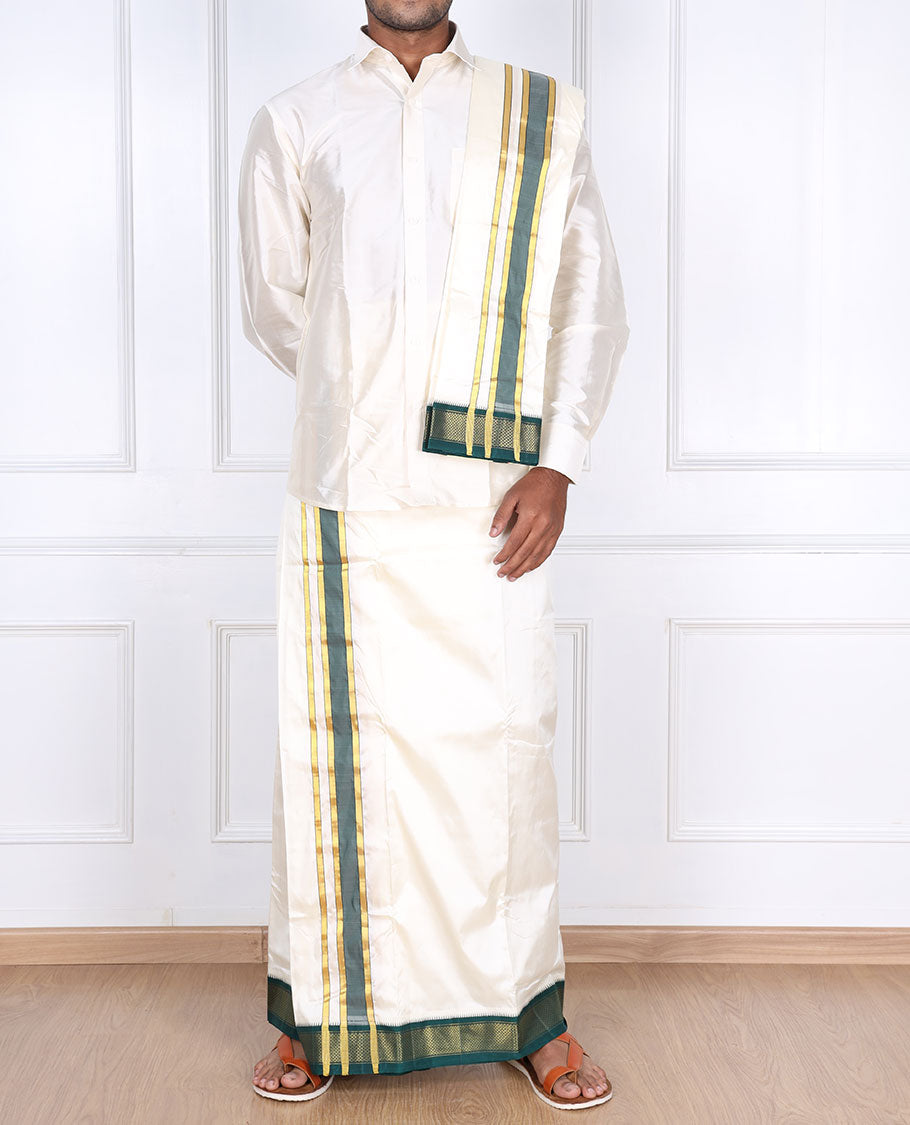 Cream pure silk kancheepuram wedding double-layer dhoti & angavastram with contrast green traditional zari border