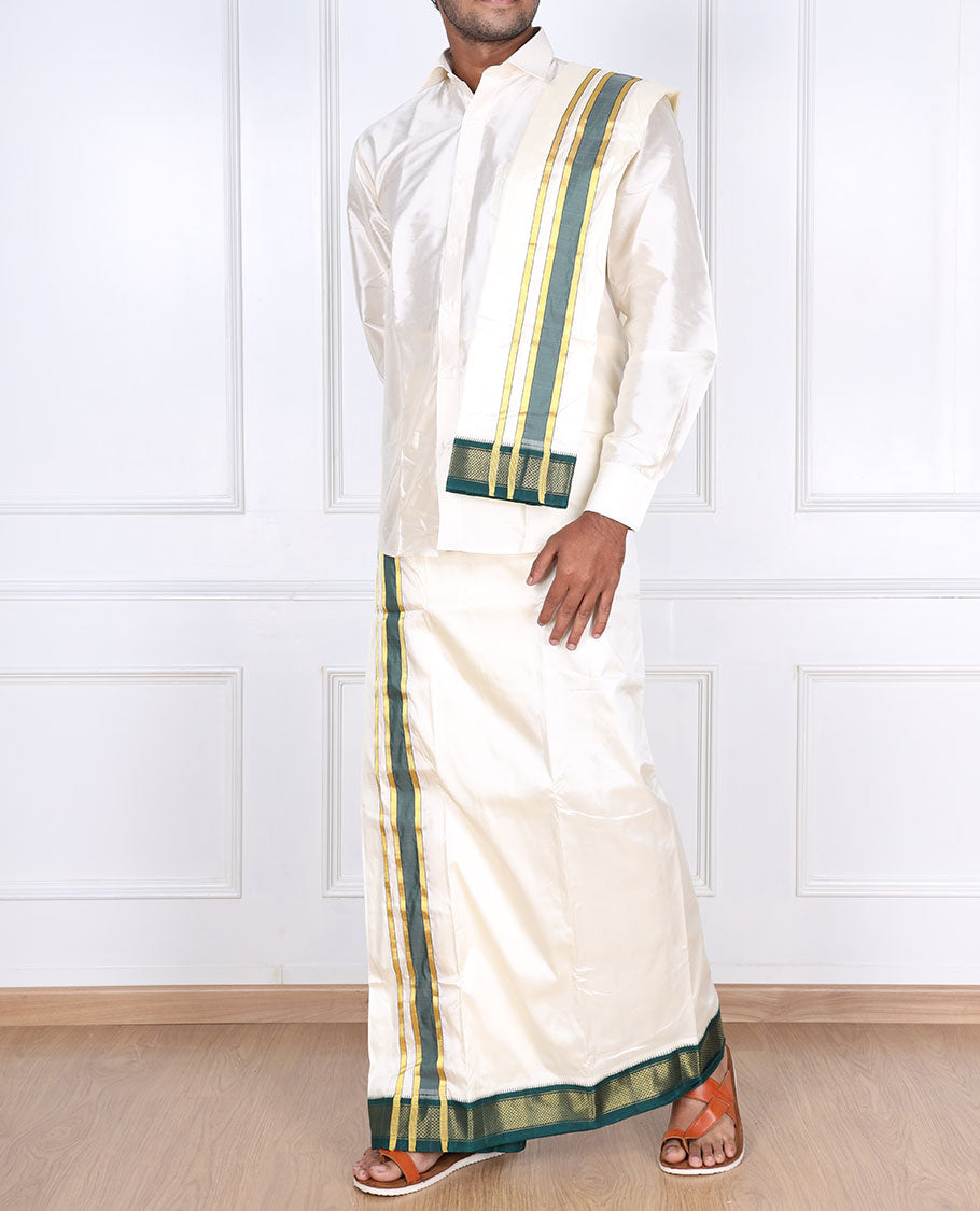 Cream pure silk kancheepuram wedding double-layer dhoti & angavastram with contrast green traditional zari border