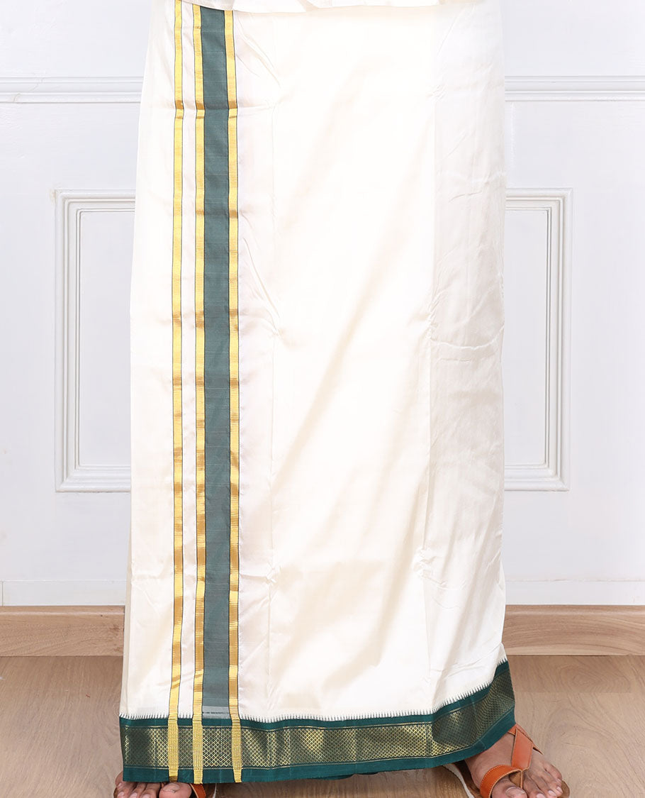 Cream pure silk kancheepuram wedding double-layer dhoti & angavastram with contrast green traditional zari border
