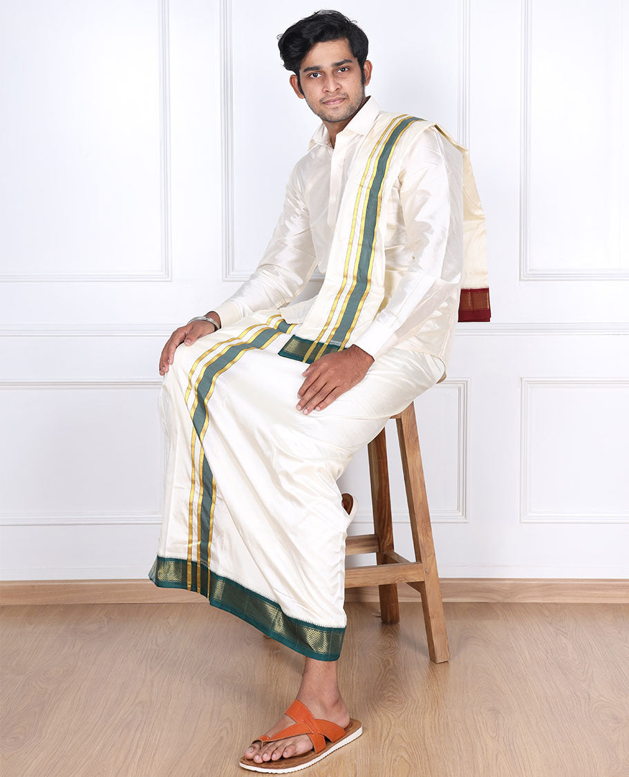 Cream pure silk kancheepuram wedding double-layer dhoti & angavastram with contrast green traditional zari border