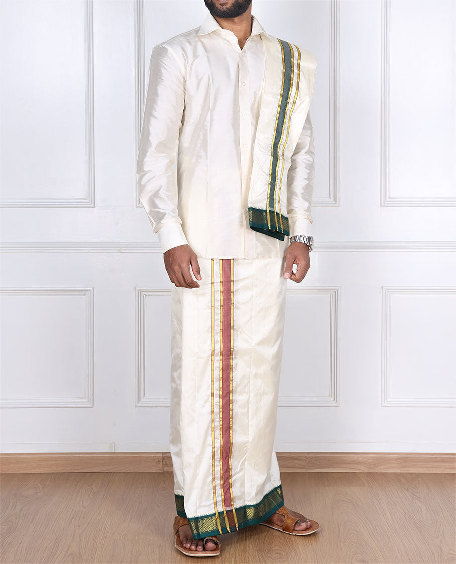 Cream pure silk kancheepuram wedding double-layer dhoti & angavastram with contrast green traditional zari border