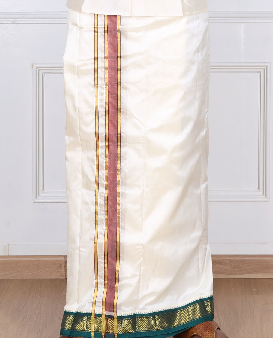 Cream pure silk kancheepuram wedding double-layer dhoti & angavastram with contrast green traditional zari border