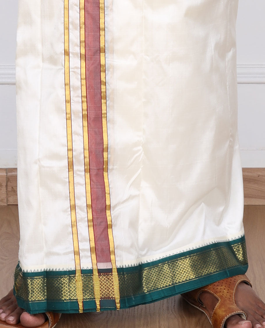 Cream pure silk kancheepuram wedding double-layer dhoti & angavastram with contrast green traditional zari border