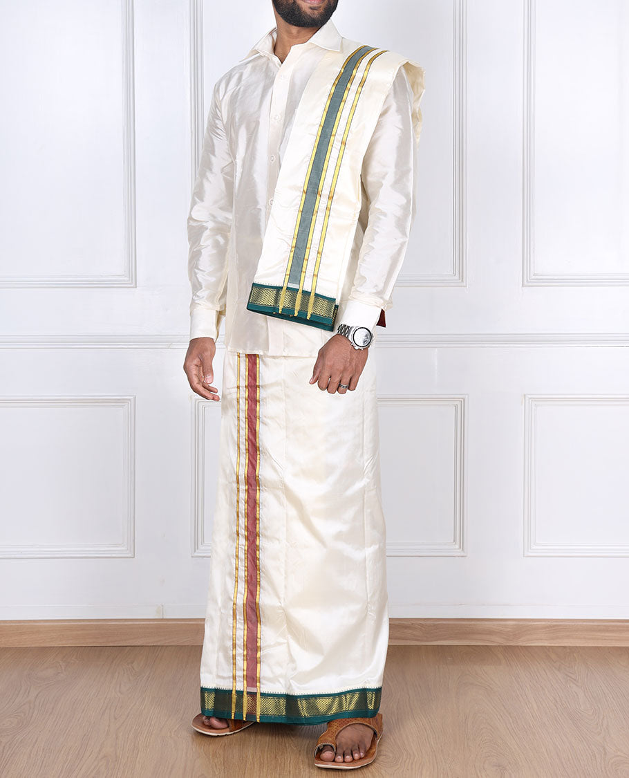 Cream pure silk kancheepuram wedding double-layer dhoti & angavastram with contrast green traditional zari border