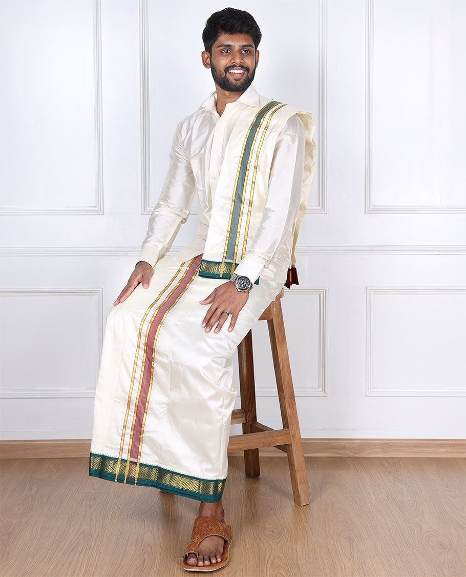 Cream pure silk kancheepuram wedding double-layer dhoti & angavastram with contrast green traditional zari border