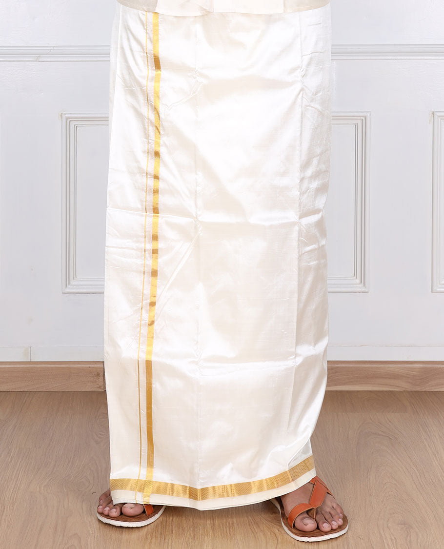 Cream pure silk kancheepuram wedding double-layer dhoti & angavastram with traditional kuyil kann zari border