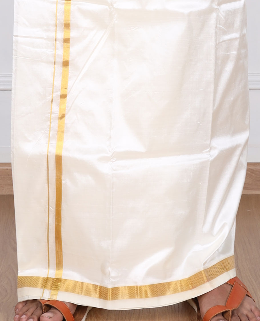 Cream pure silk kancheepuram wedding double-layer dhoti & angavastram with traditional kuyil kann zari border