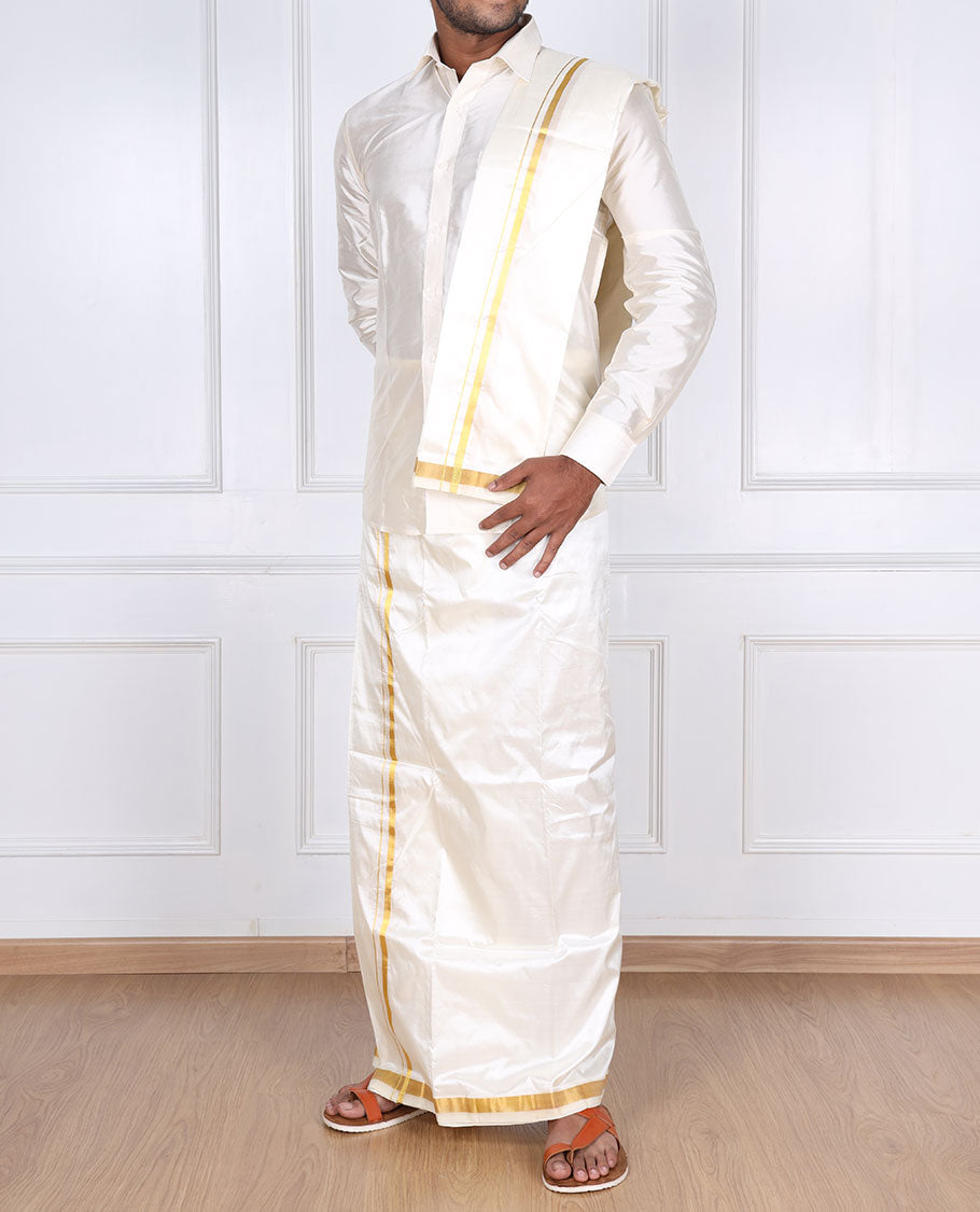 Cream pure silk kancheepuram wedding double-layer dhoti & angavastram with traditional kuyil kann zari border