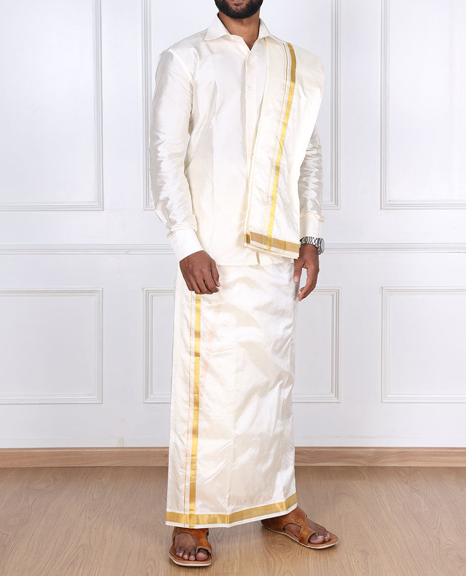 Cream pure silk kancheepuram wedding double-layer dhoti & angavastram with traditional kuyil kann zari border