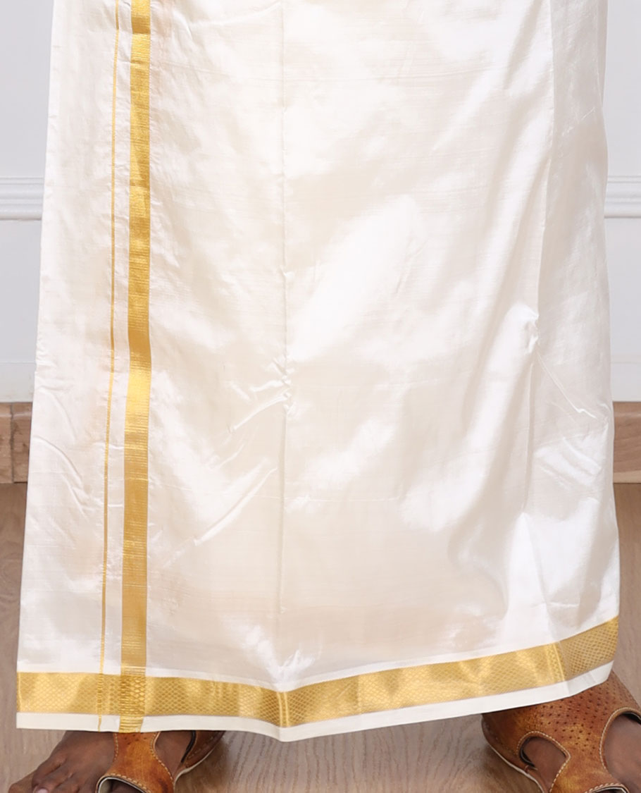 Cream pure silk kancheepuram wedding double-layer dhoti & angavastram with traditional kuyil kann zari border