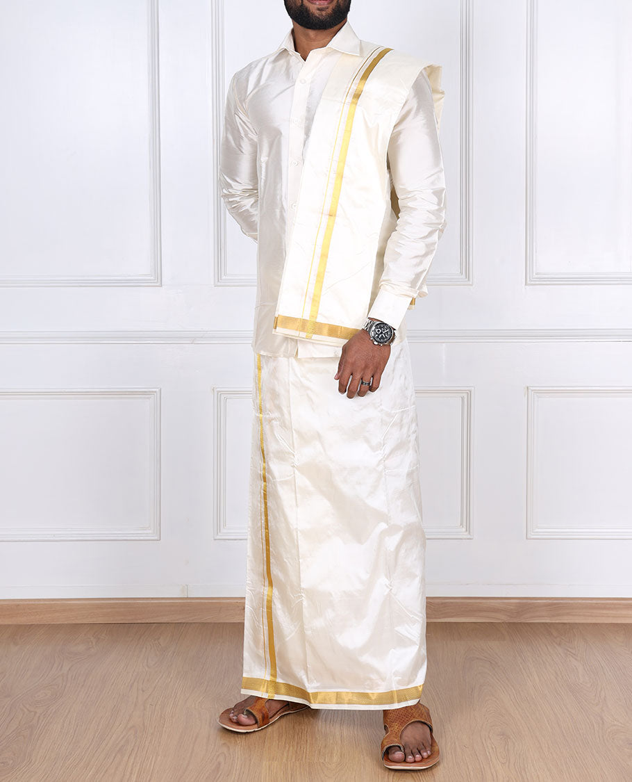 Cream pure silk kancheepuram wedding double-layer dhoti & angavastram with traditional kuyil kann zari border