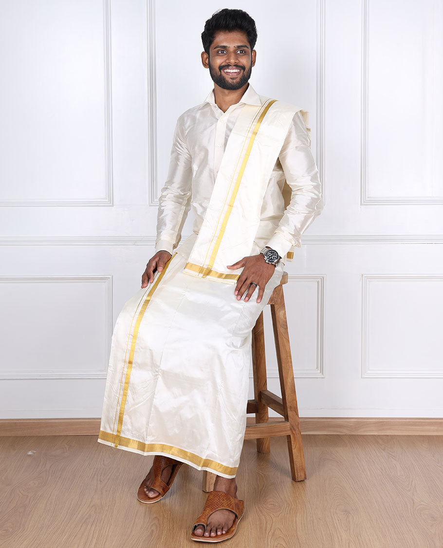 Cream pure silk kancheepuram wedding double-layer dhoti & angavastram with traditional kuyil kann zari border