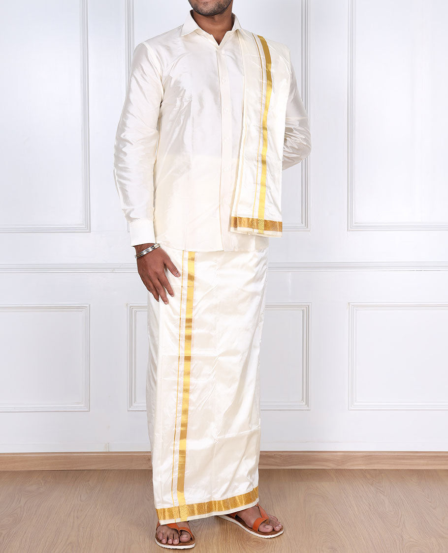 Cream pure silk kancheepuram wedding double-layer dhoti & angavastram with intricate zari border