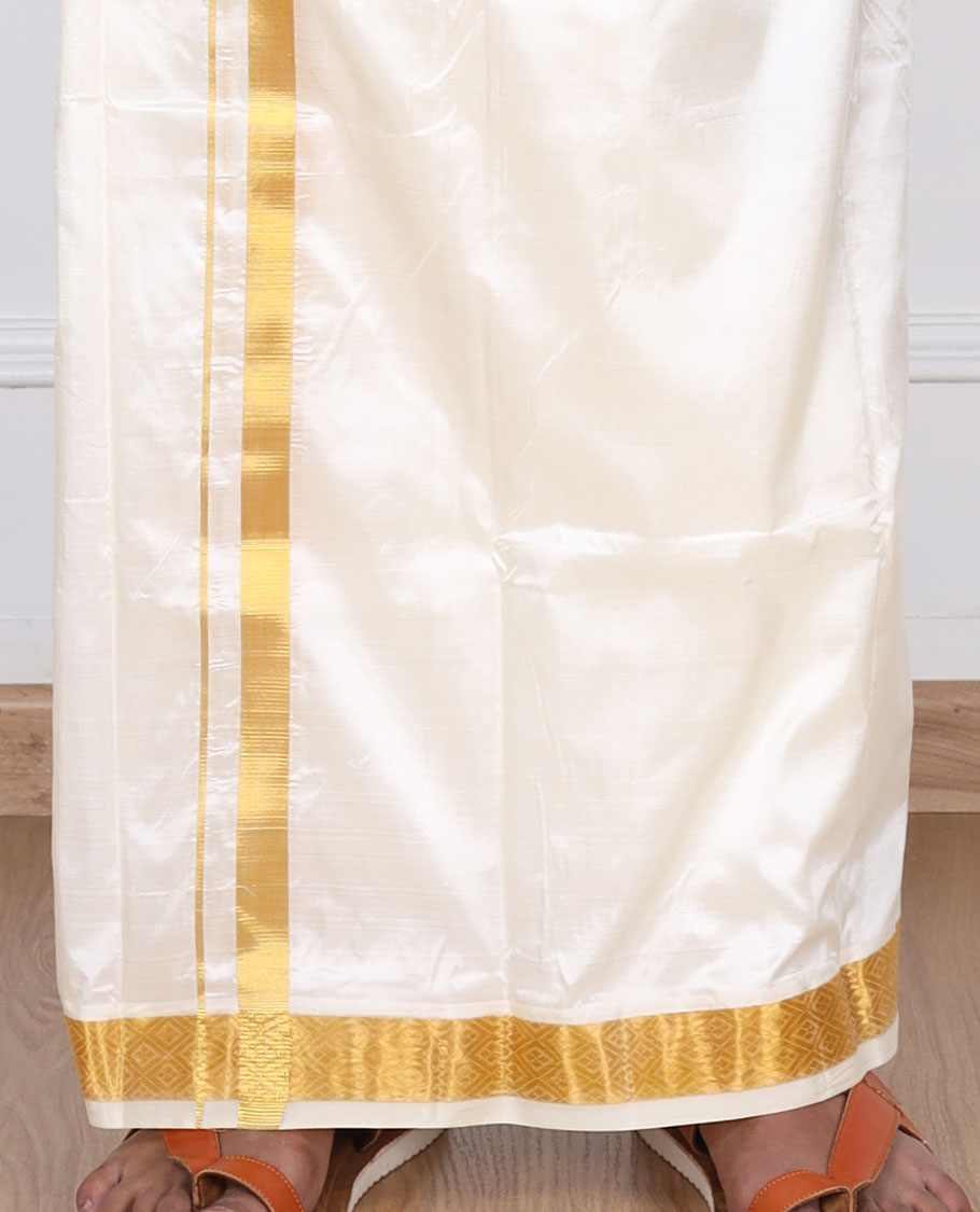 Cream pure silk kancheepuram wedding double-layer dhoti & angavastram with intricate zari border