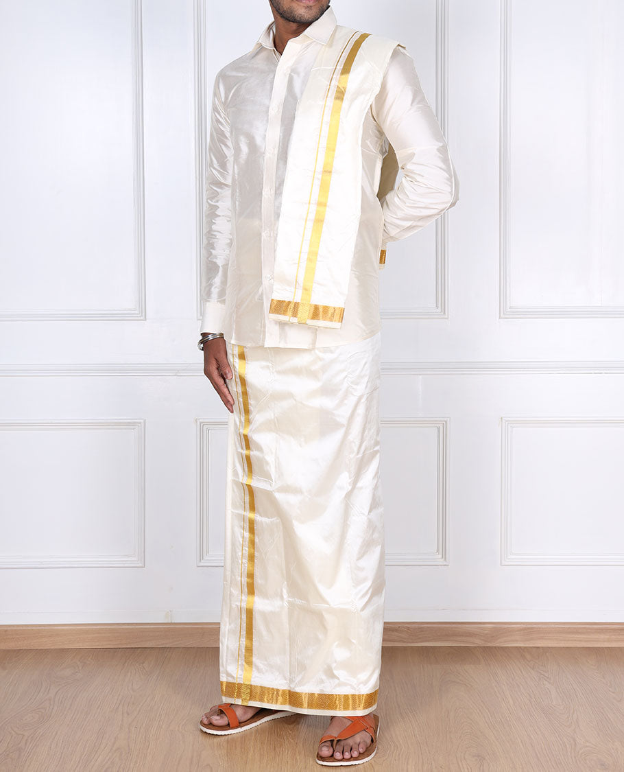 Cream pure silk kancheepuram wedding double-layer dhoti & angavastram with intricate zari border