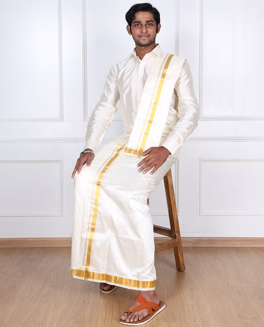 Cream pure silk kancheepuram wedding double-layer dhoti & angavastram with intricate zari border